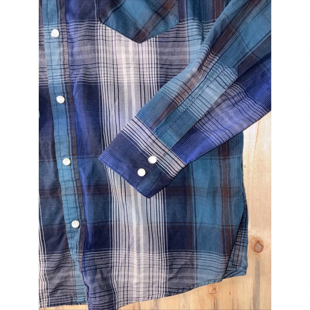 Levis Mens L Long Sleeve Western Snap Up Shirt Blue Gray Black Plaid